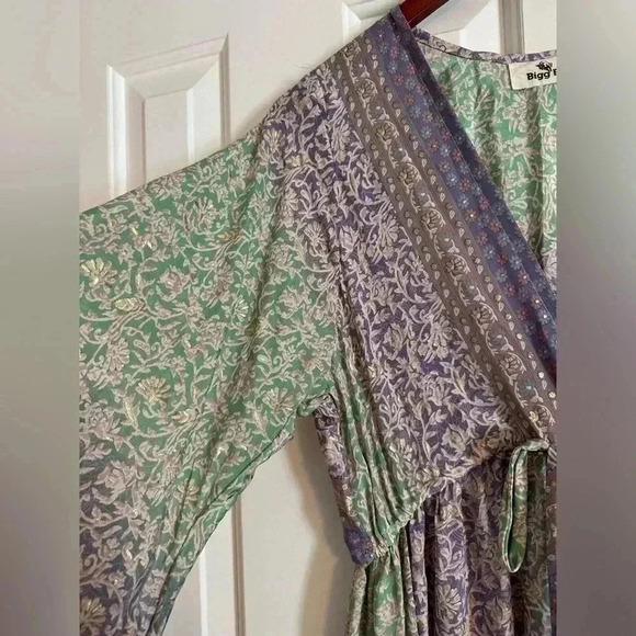 Bigg Bull by Cam Kimono Maxi Dess Green and Purple Metallic one size Silk blend - Picture 5 of 13